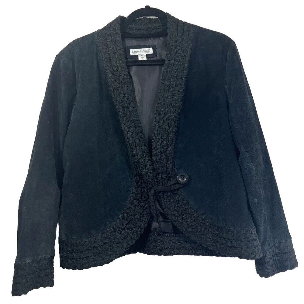 Coldwater Creek Blazer Jacket Black Leather Wool Blend Size PL